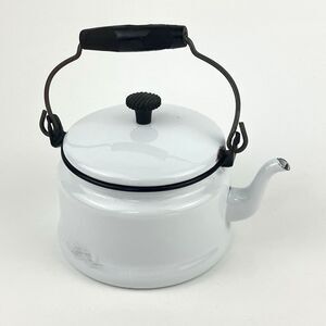 Vintage White Enamelware Tea Kettle Teapot /w Handle & Lid